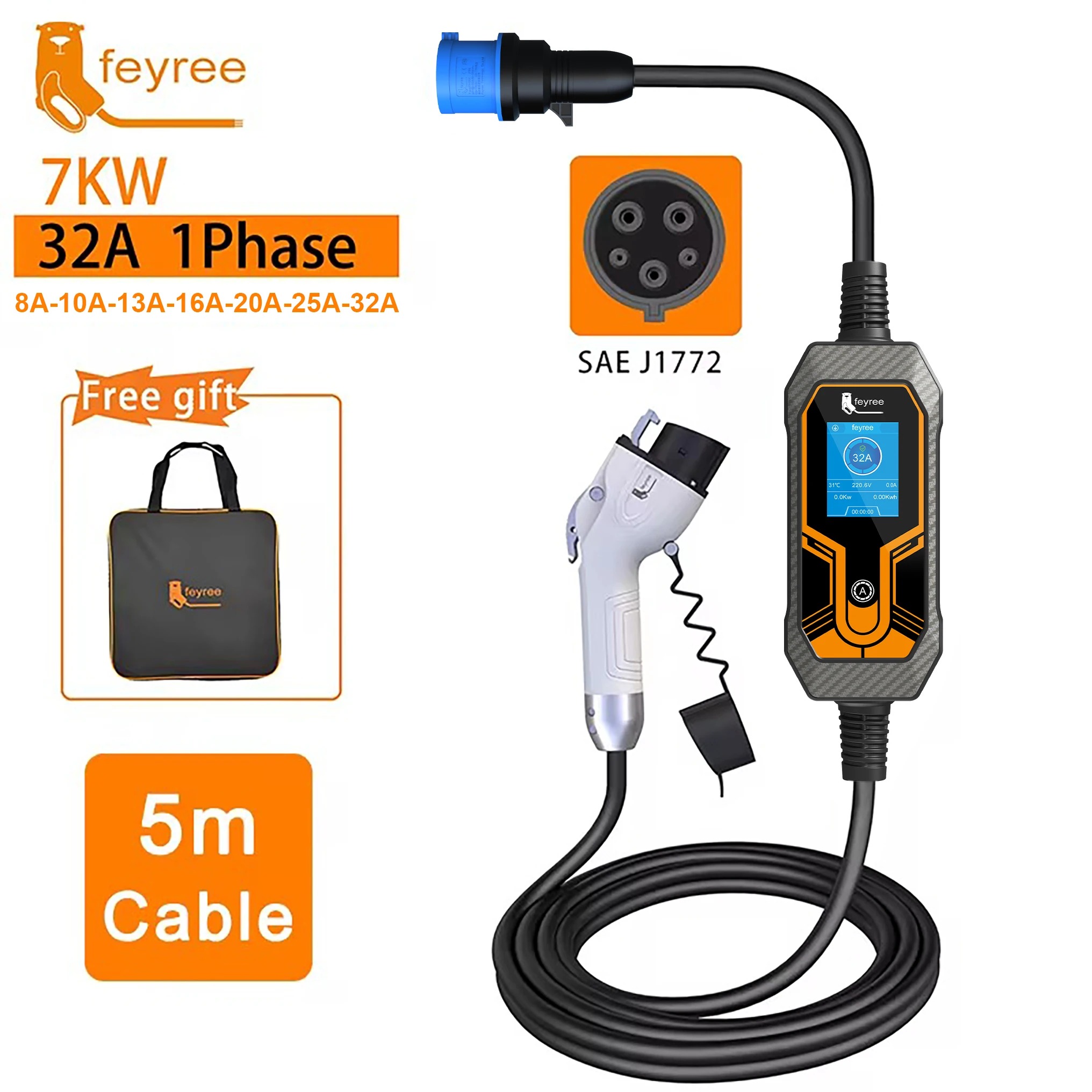 Feyree Type1 J1772 7kW 32A 1Ph - Ev Charging Cable ulasan dan harga